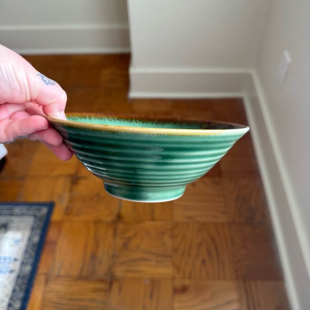 Handmade Ceramic Bowl. Green and Brown with Leaf Design / Glaze Shine. No Chips! - Picture 12 of 12